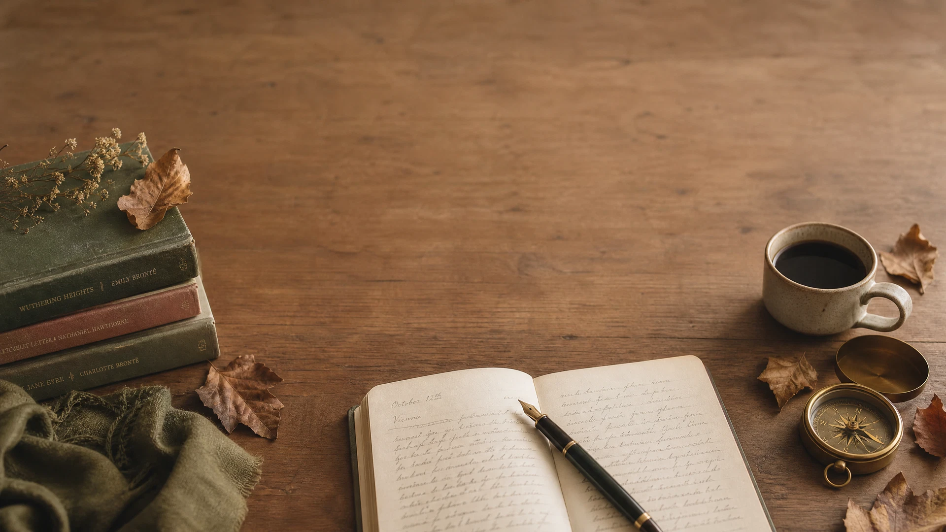 Escrivaninha de escritor com caderno, caneta e livros